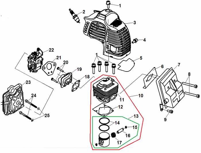 1 ПОРШЕНЬ - ЦИЛИНДР - СВЕЧА - КАРБЮРАТОР - ФИЛЬТР ТРИММЕР CHAMPION Т525-2
