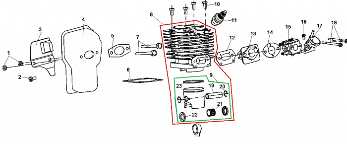 1 ПОРШЕНЬ - ЦИЛИНДР - СВЕЧА - КАРБЮРАТОР БЕНЗОПИЛА CHAMPION 142-16