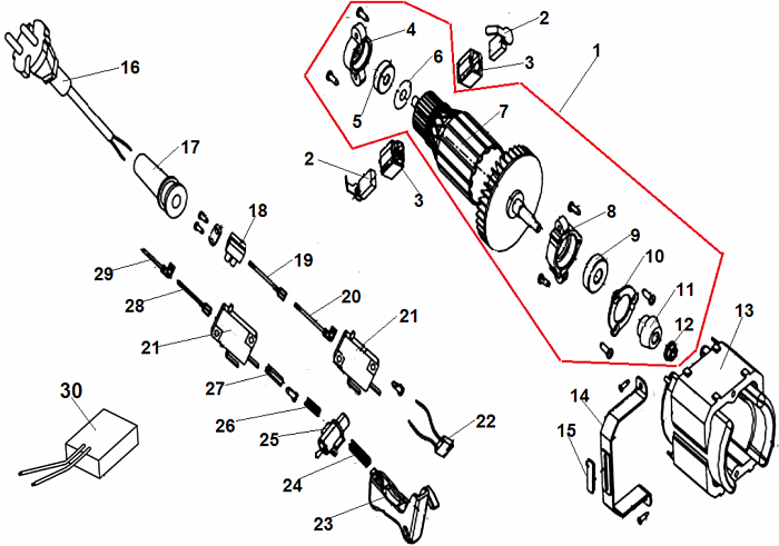 3 ВЫКЛЮЧАТЕЛЬ - ЯКОРЬ - СТАТОР - ЩЕТКИ ЭЛЕКТРОПИЛА CHAMPION 424N-18
