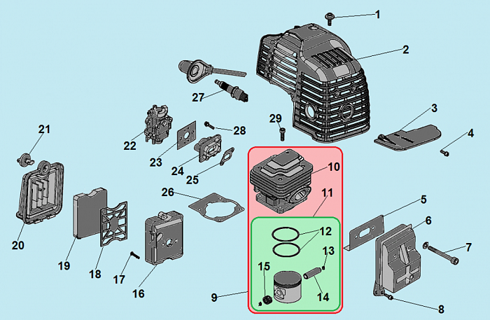 3 КАРБЮРАТОР - ПОРШЕНЬ - ЦИЛИНДР - КАРТЕР КУЛЬТИВАТОР CHAMPION GC243E