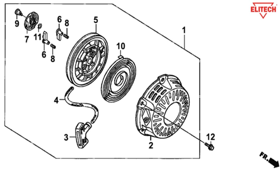 ЗАПЧАСТИ ДЛЯ МОТОПОМПЫ БЕНЗИНОВОЙ ELITECH МБ 810 Д 80 (СТАРТЕР РУЧНОЙ)
